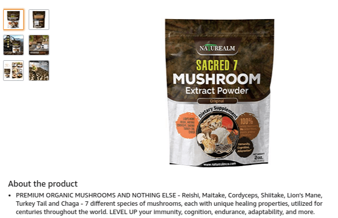 an example of how to write a product description from a mushroom supplement company with ingredients and materials listed
