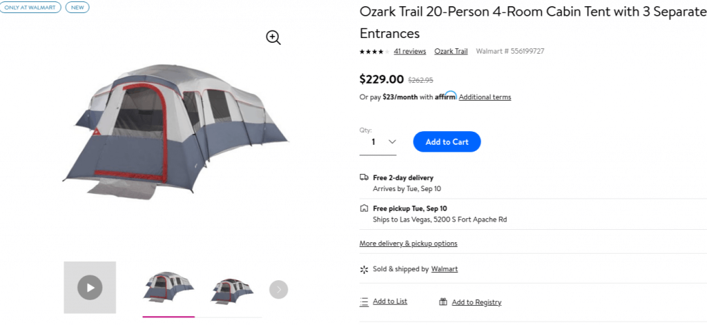 Tent on eCommerce site with video for assembly