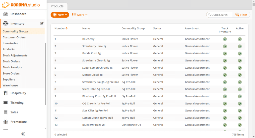 Product list and inventory management for smoke shops in KORONA POS software.