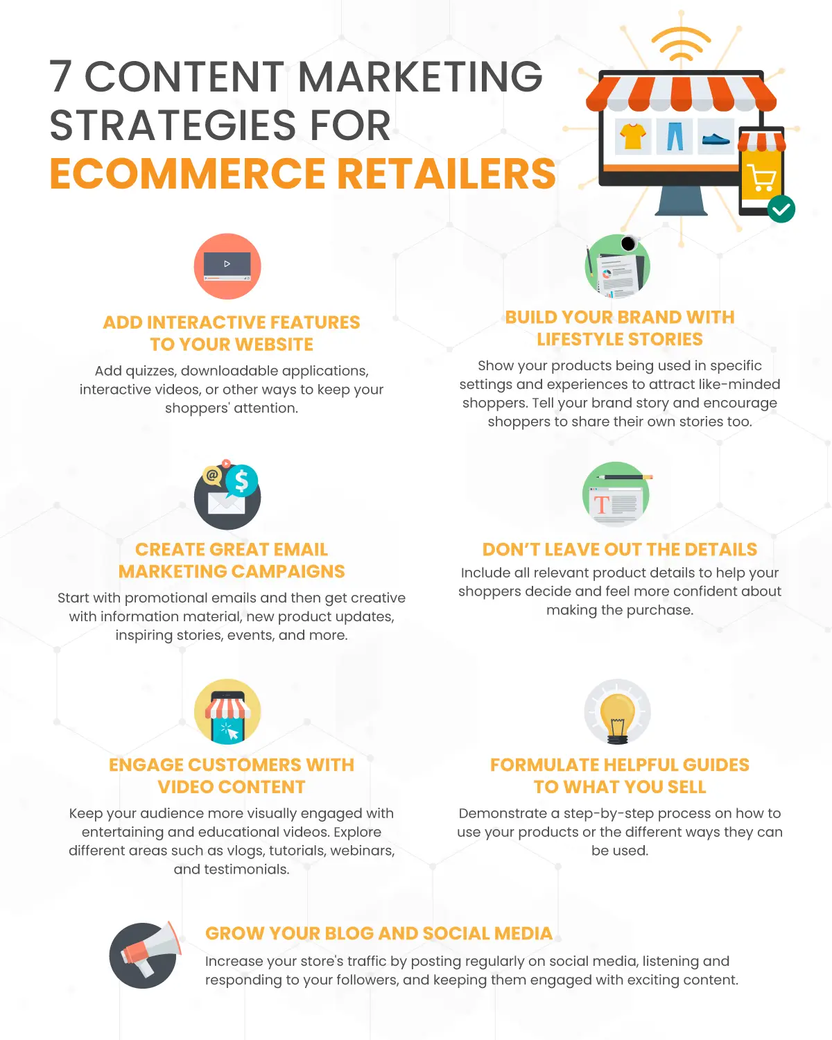 an infographic showing '7 content marketing strategies for eCommerce retailers'