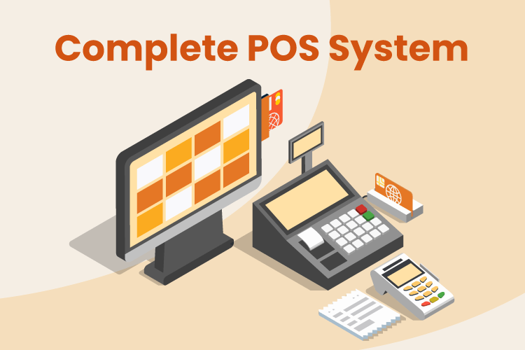 Illustration with complete POS system including desktop, credit card machine, receipt printer, and scanner