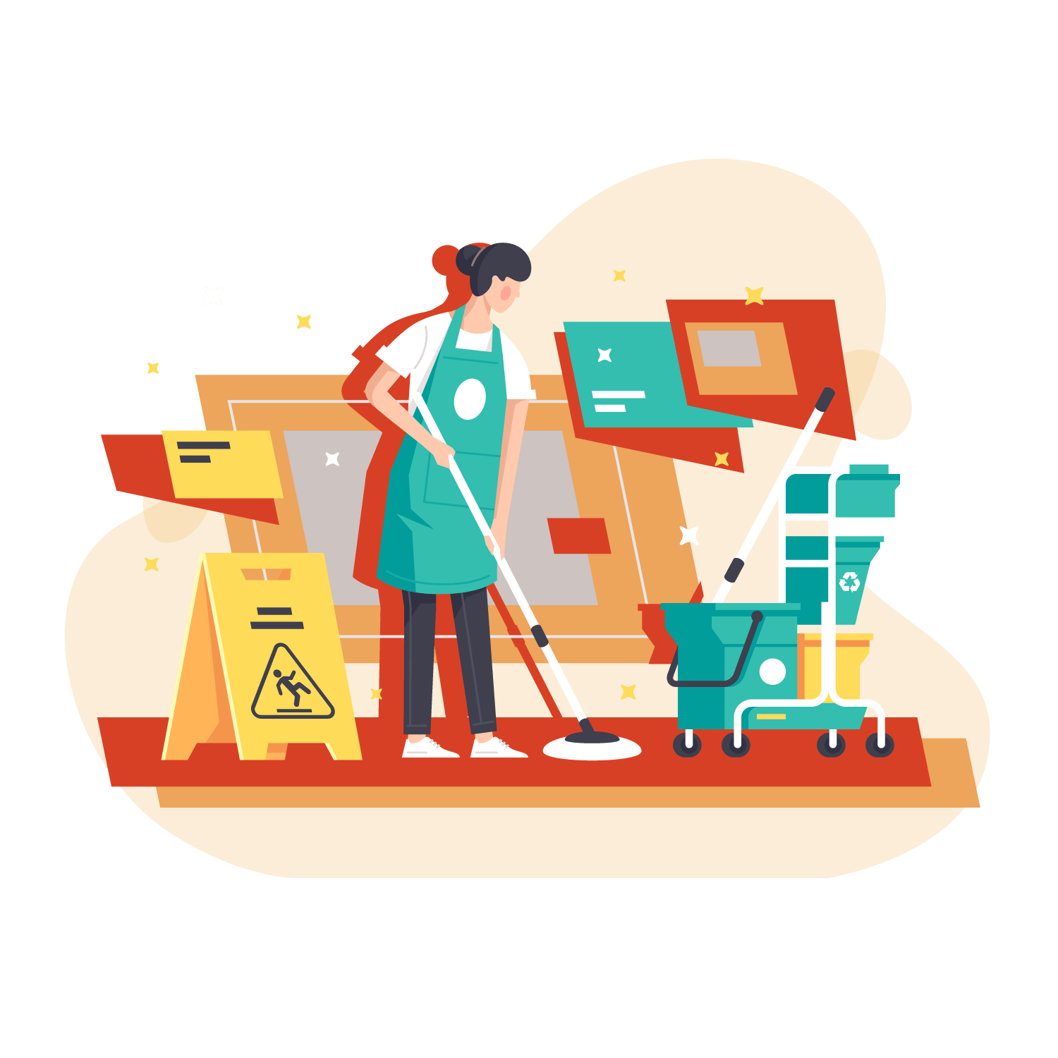 Open Business During COVID-19 Illustration showing a shopkeeper keeping a clean and organized small business during COVID-19