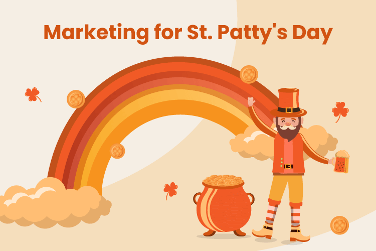 Happy leprechaun stands near pot of gold at the end of a rainbow in a St. Patrick's Day marketing campaign