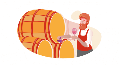 Illustration of man tasting wine from a cask at a vineyard
