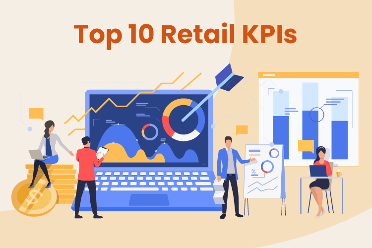 Illustration with business owners using various important retail KPIs