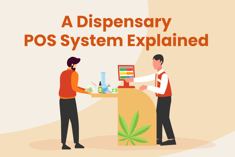 Illustration of what is a dispensary POS system with a cannabis store employee and shopper
