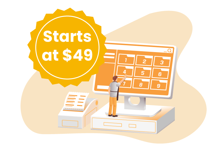 Pricing Page Image POS system with credit card machine and sticker saying"starts at $49"