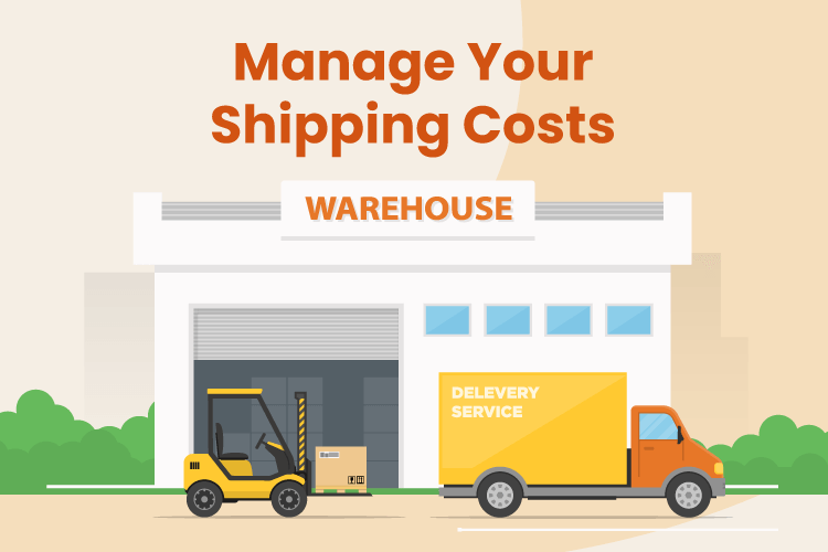 Illustration of a truck leaving a shipping warehouse to help manage your shipping costs