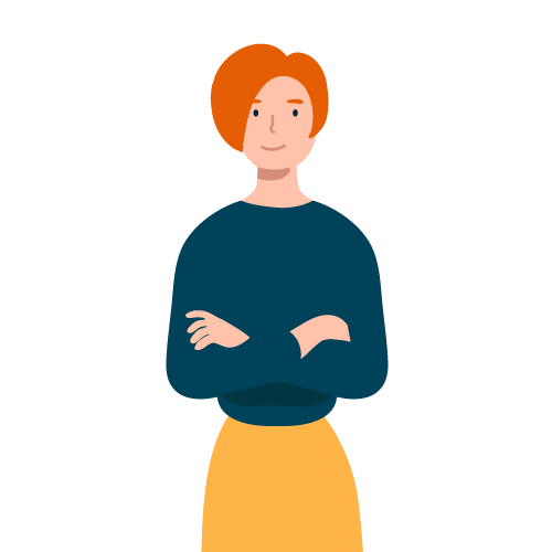 Illustration of red-haired woman with arms crossed next to a theme park POS review