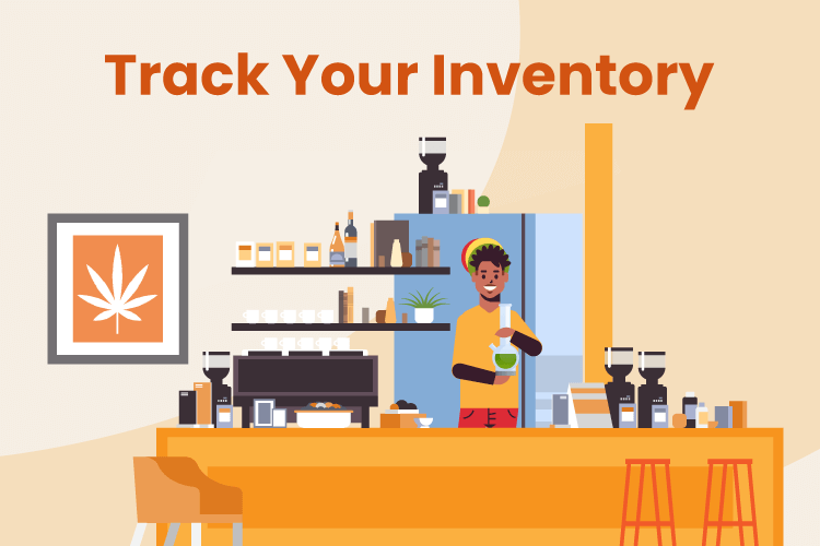 Illustration of man running a small smoke shop and taking inventory of products
