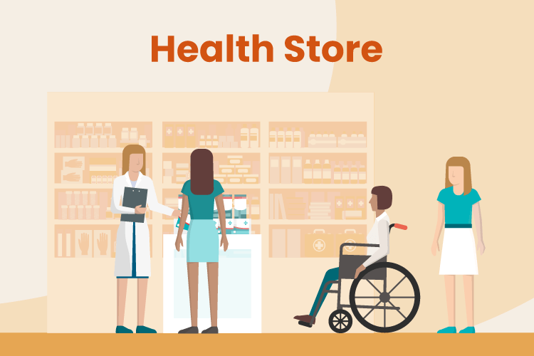 Illustration of guests mingling in a health store and talking to associates