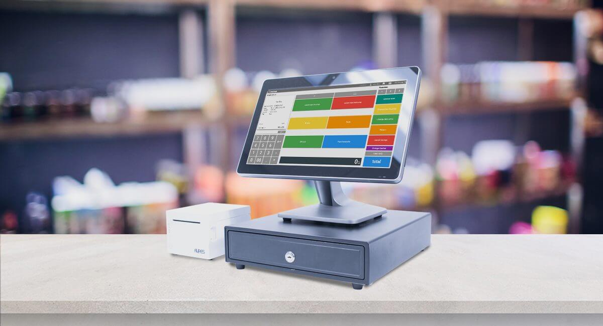 POS desktop with receipt printer at a small business checkout counter