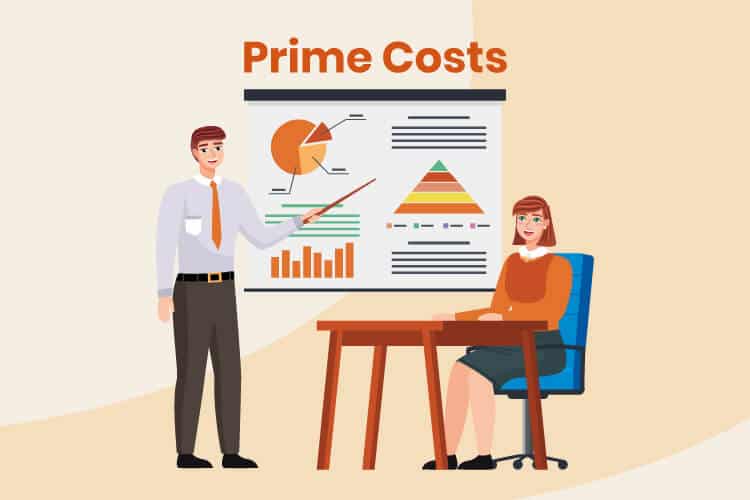 Two business owners discuss retail prime costs with charts and graphs