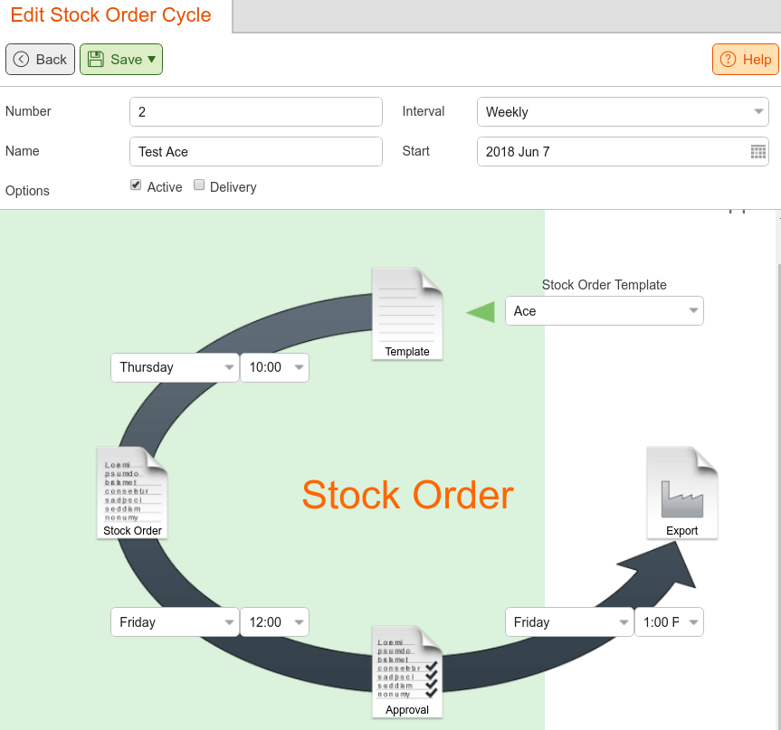 a screen capture from KORONA Studio showing how to Edit Stock Order Cycle