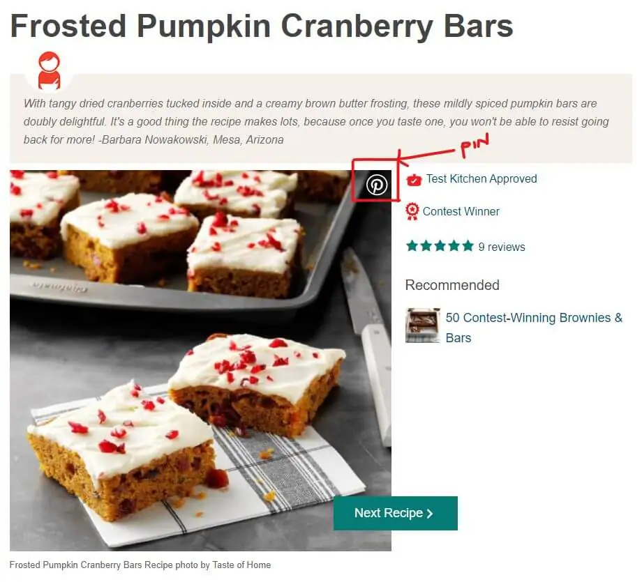 a screen capture from Pinterest showing a recipe for 'Frosted Pumpkin Cranberry Bars'