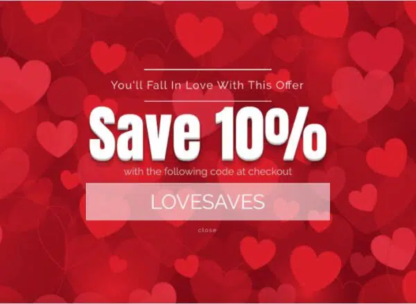 a 'Save 10%' Valentine's Day promo banner with red hearts in the background
