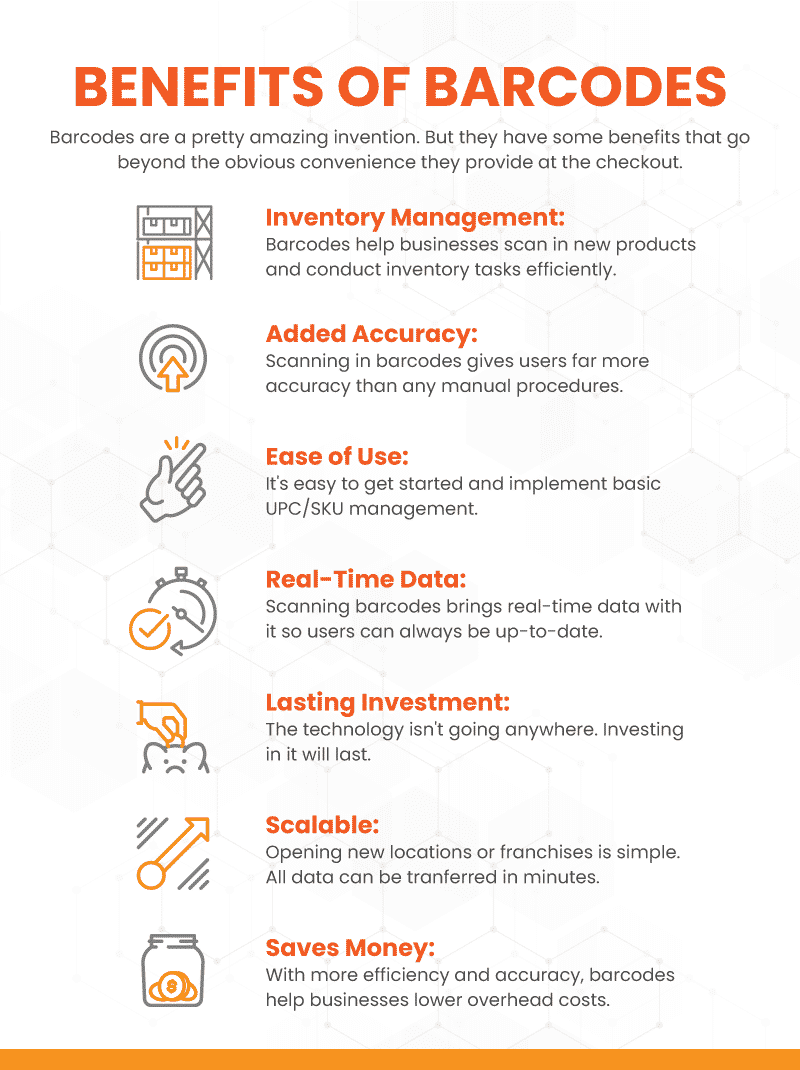 Infographic showing the benefits of barcodes and how businesses can get the most out of UPCs and SKUs