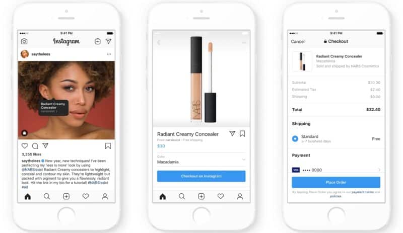 Screenshots of instagram creator shop checkout process on mobile phone