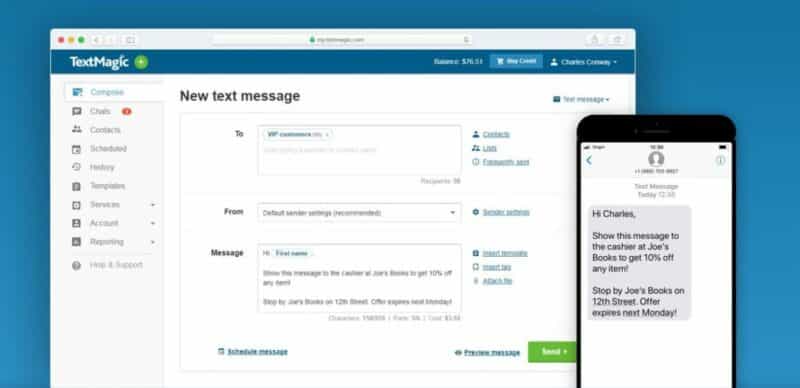 Screenshot of Textmagic SMS software for retail marketing