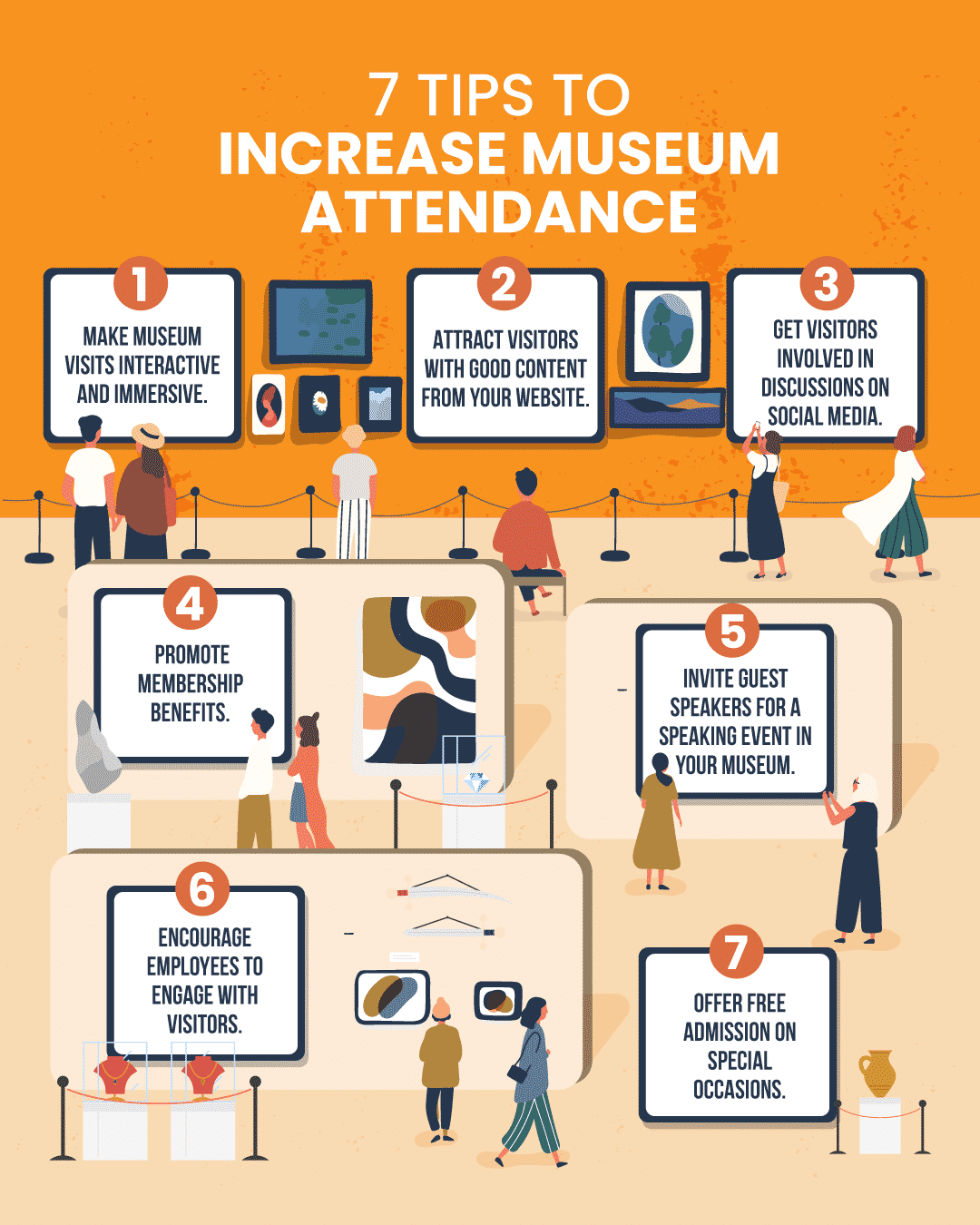 7 tips to increase museum attendance infographic with background image of people walking through exhibits in a museum