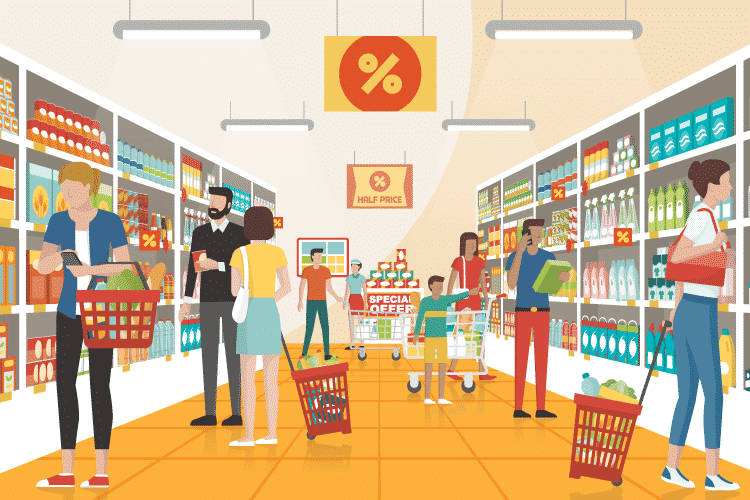 Customers shop in a new convenience store in a busy aisle
