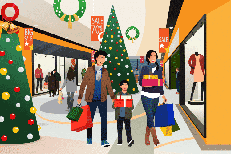 Family shops in a mall at various retail stores during the holidays