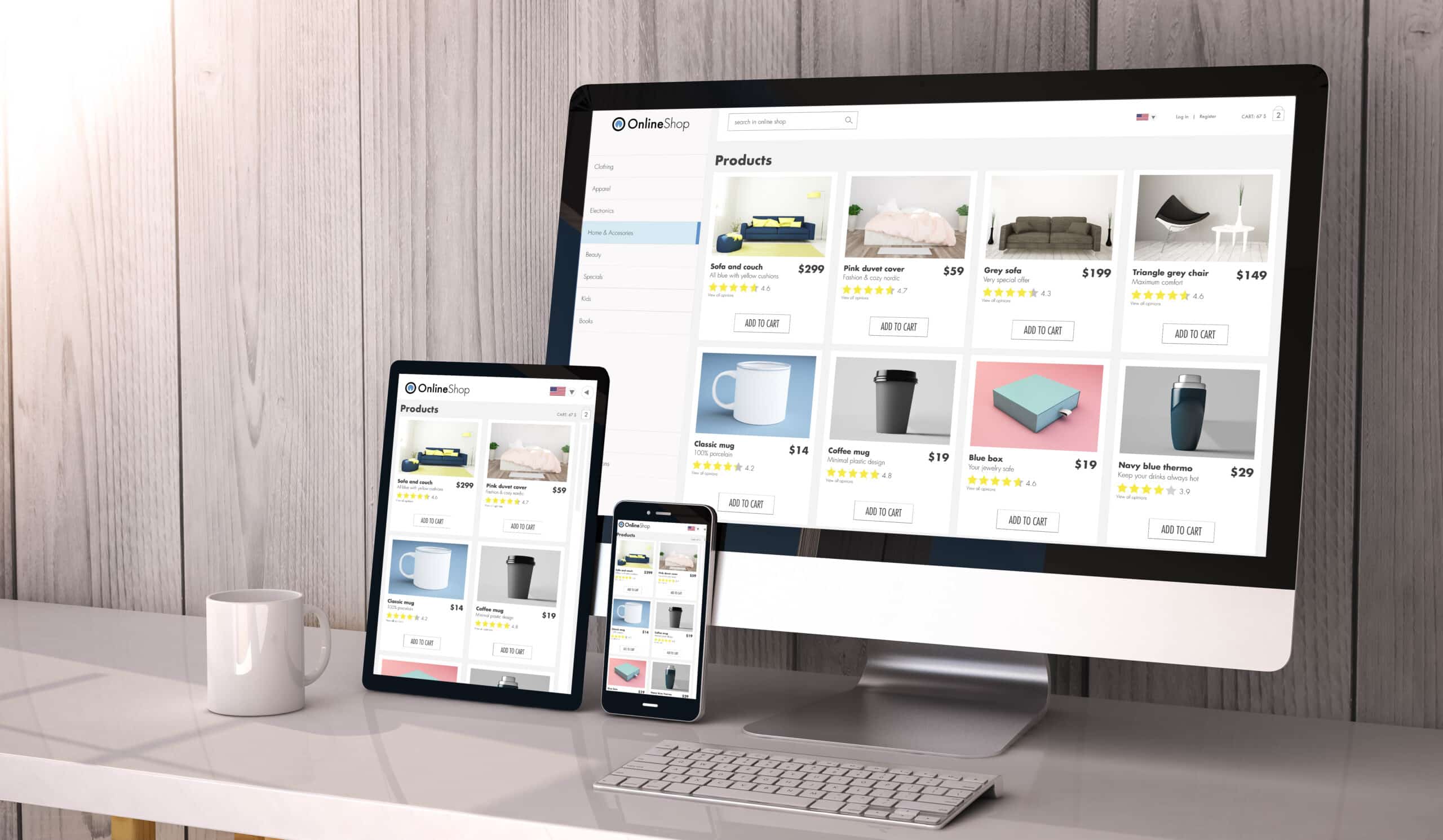 eCommerce site design layout on a desktop, tablet, and smartphone