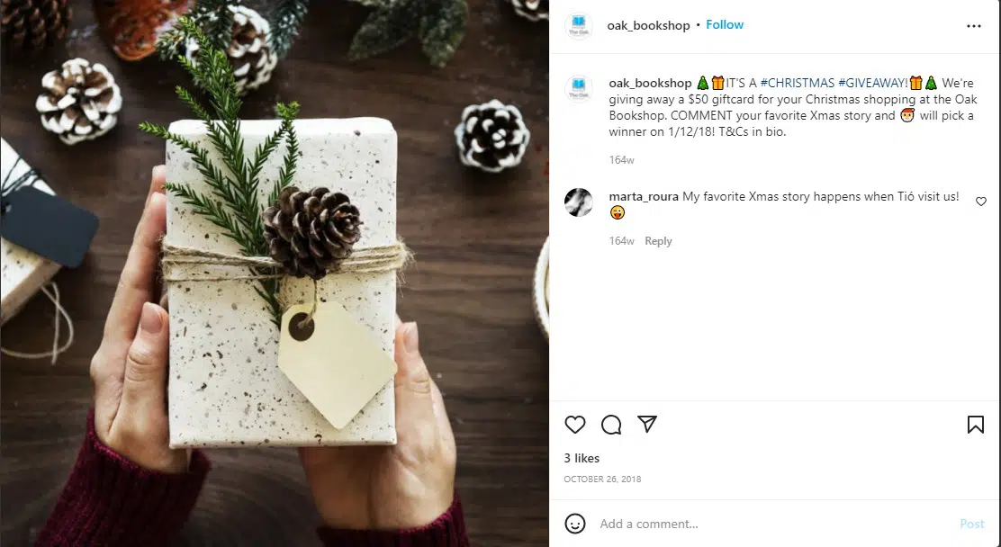 a screen capture from Oak Bookshop Instagram page showing their Christmas Marketing campaign