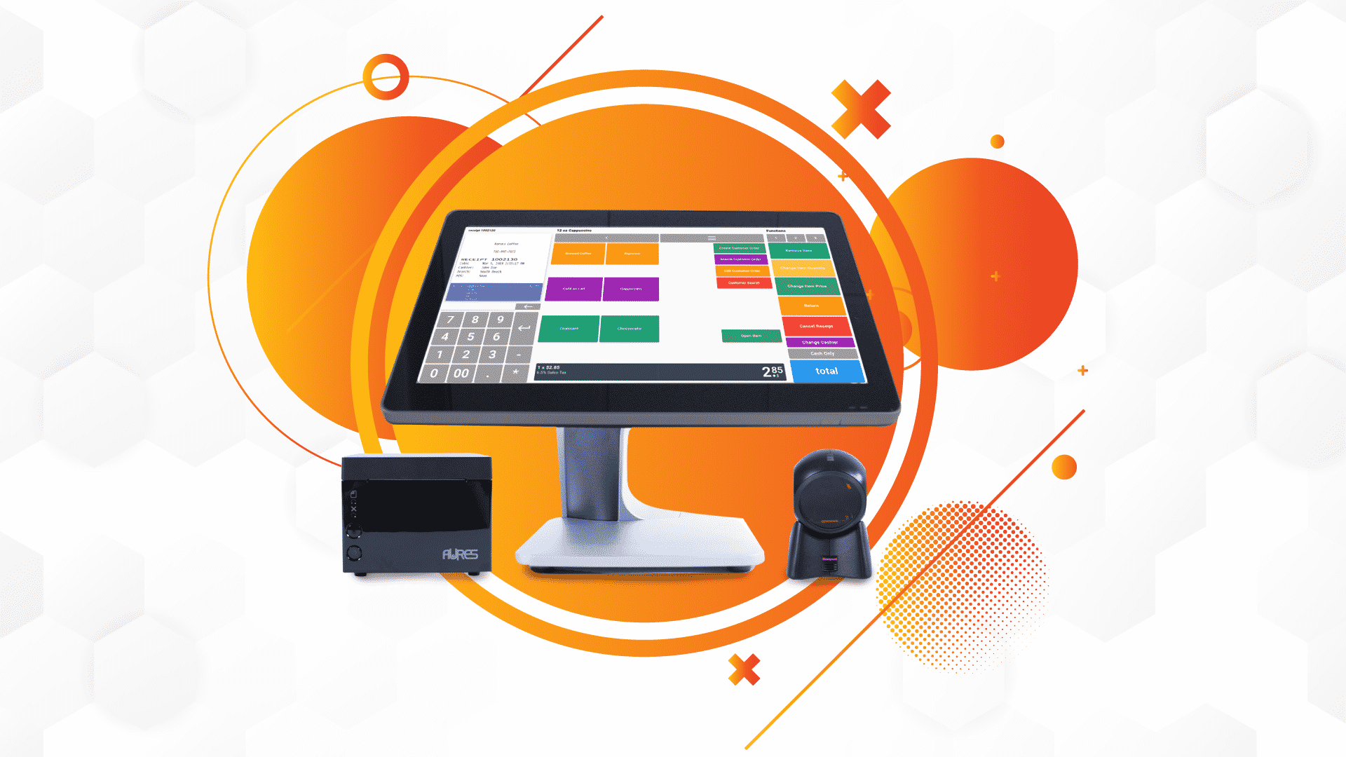 quick service desktop POS with scanner and receipt printer