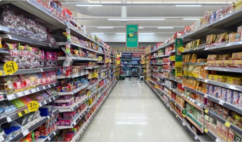 Picture illustrating surplus inventory in the aisles of a grocery store.