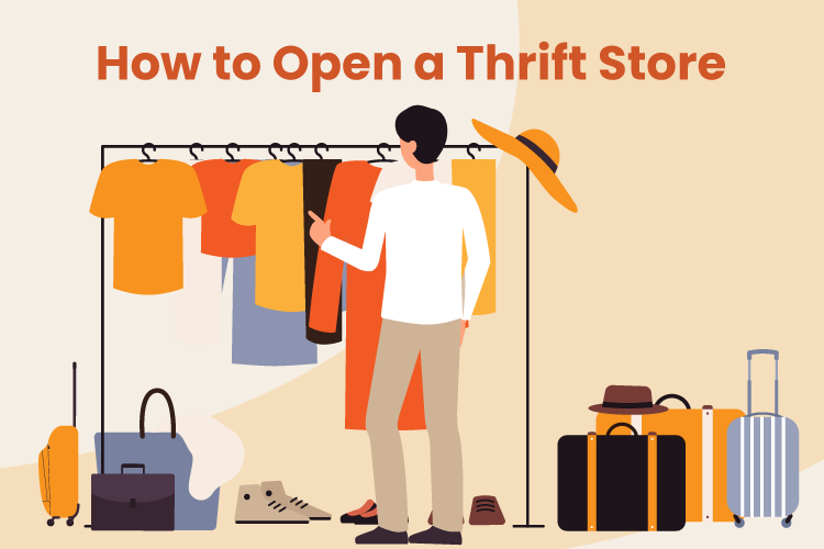 a graphic of a shopper looking through vintage clothing at a thrift store