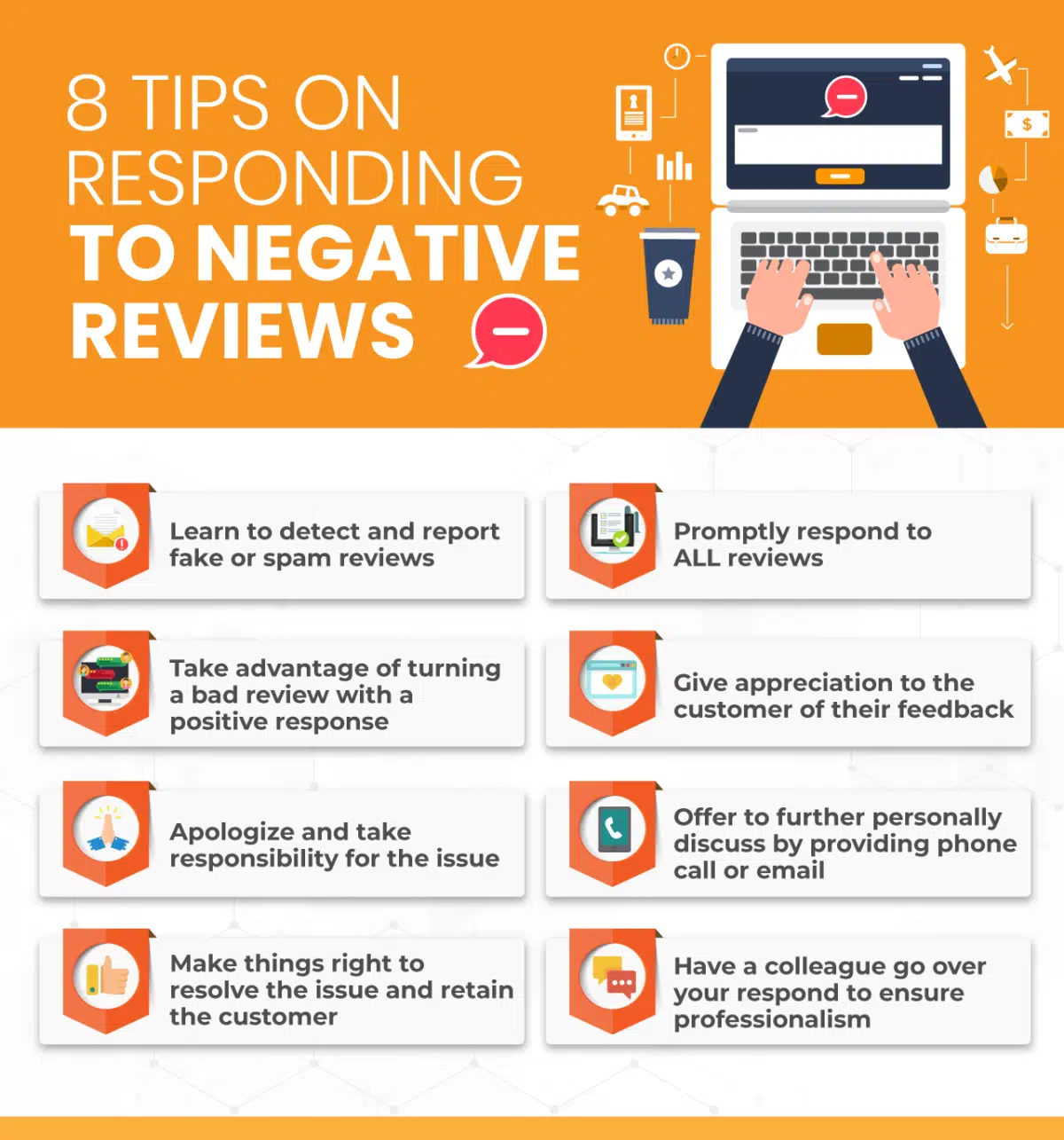 an infographic showing 8 tips on responding to negative reviews