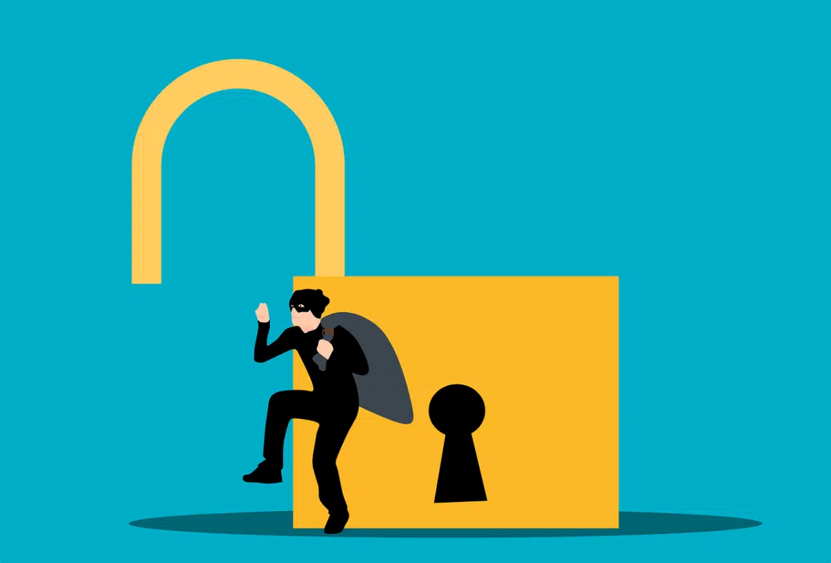 an illustration representing data breach shows a burglar and an open lock