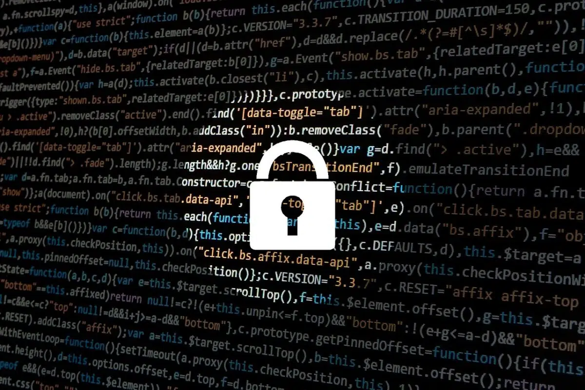 a graphic representing preventing data breach shows a lock with html code in the background