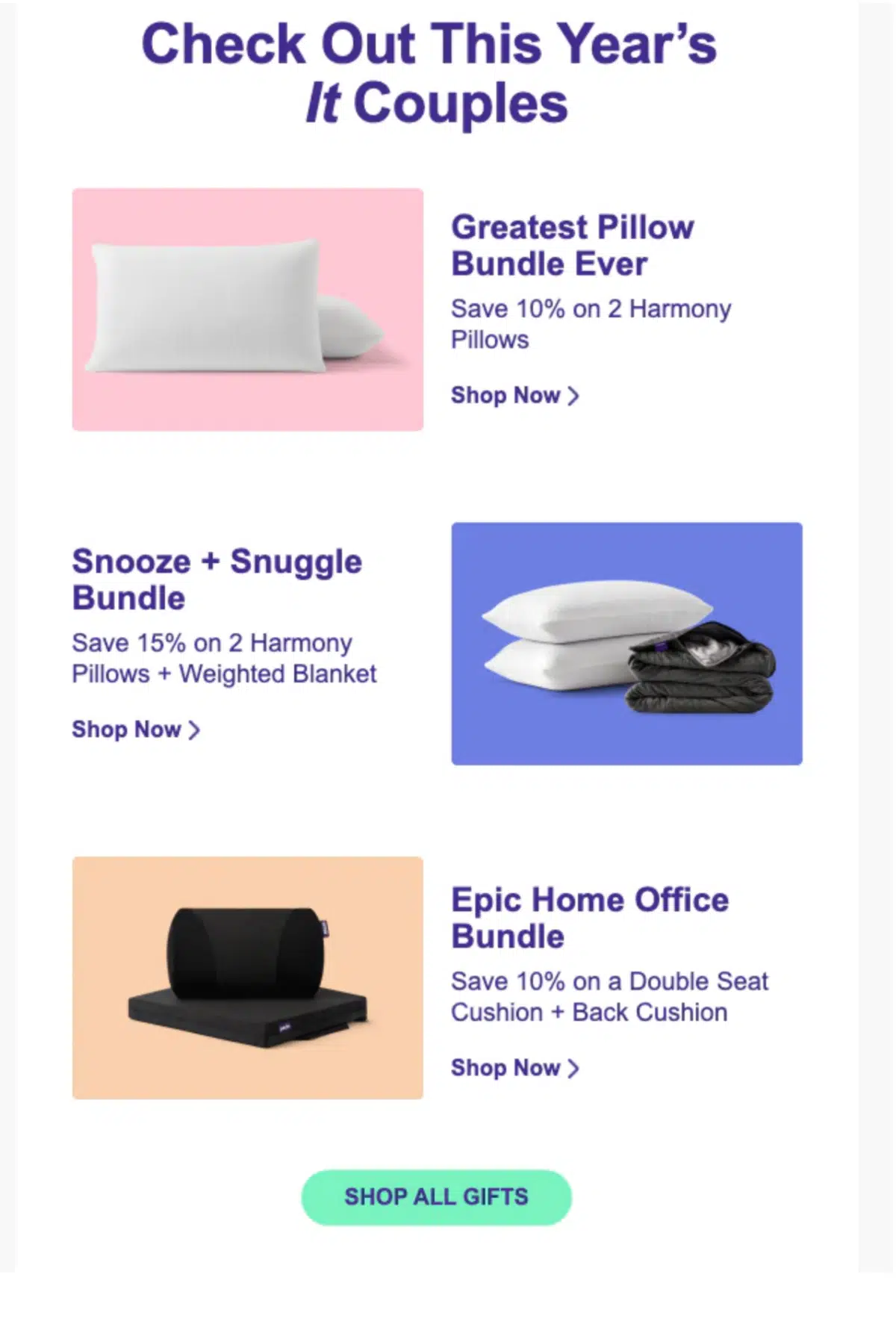 an example of bundle gift guides from pillow company Purple