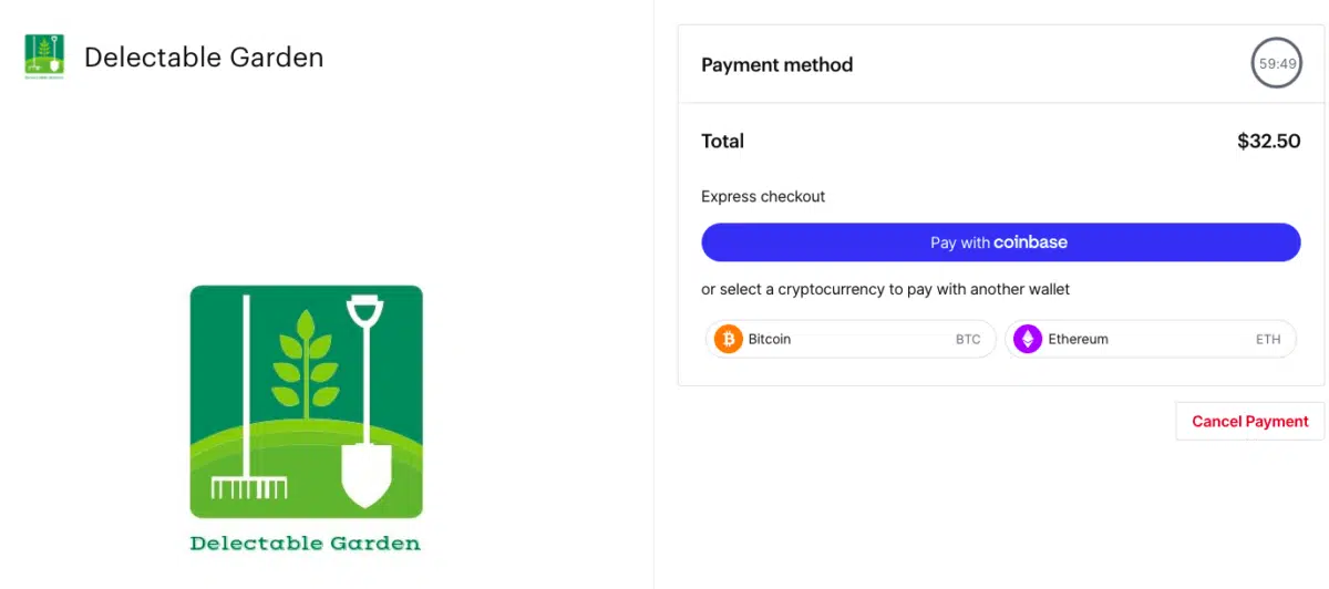 an example from Delectable Garden allowing payments with Bitcoin and Etherium