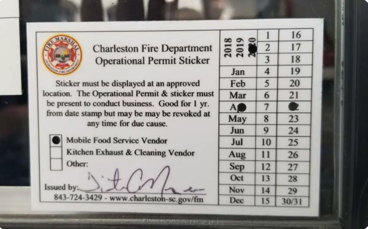an example of an operational permit sticker from Charleston Fire Department