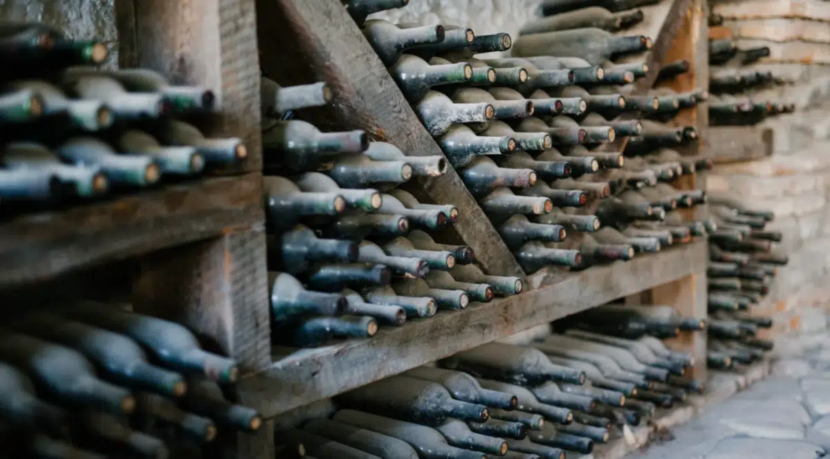 dusty wine bottles sit on a rack in an old cellar