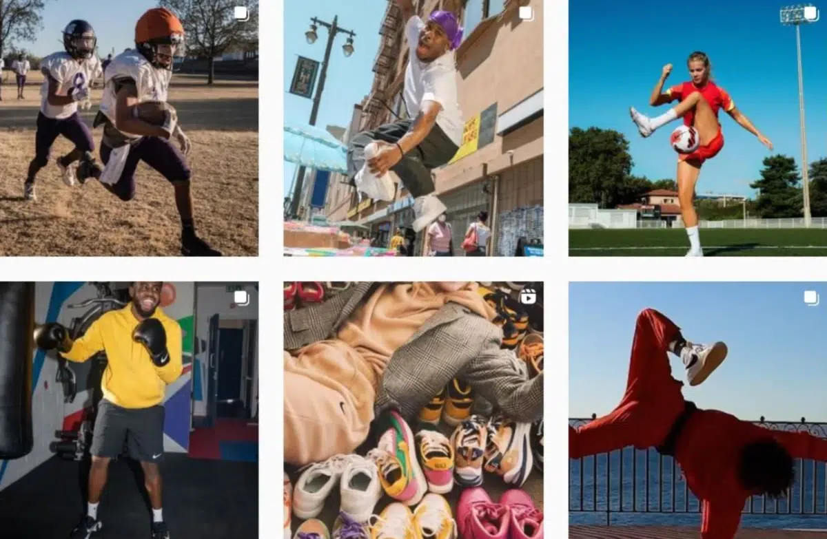 Nike audience targeting on Instagram showing different photos of sports and clothing