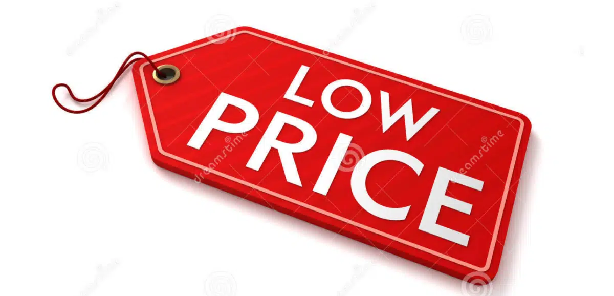 a red ticket tag that reads 'low price'