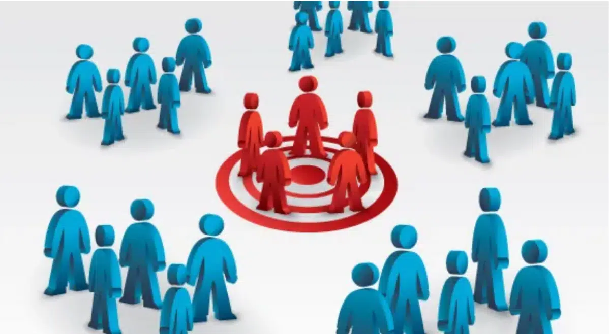 an illustration showing a target sign with red animated people inside and other non-targeted blue animated people outside 