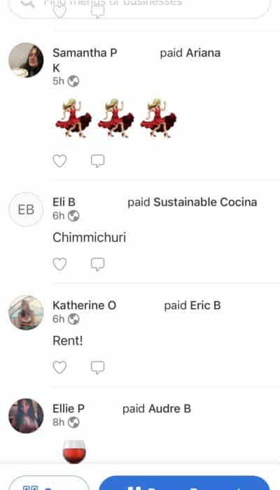 a screen capture of venmo's social feed showing people sending money to other people and to a business called sustainable cocina