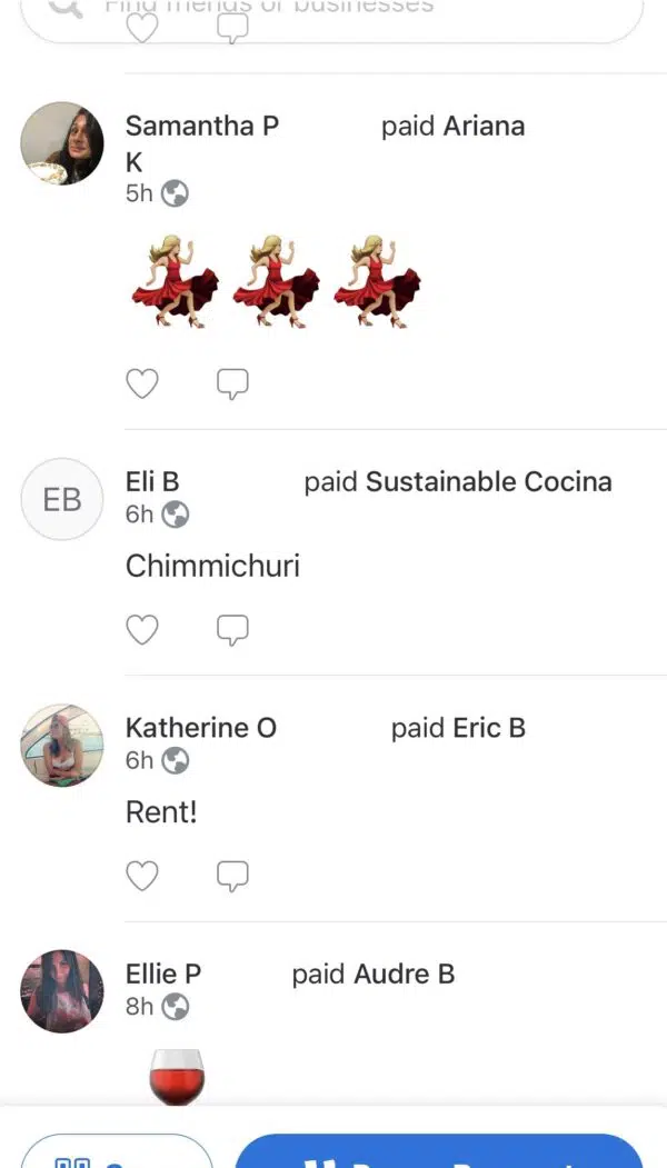 a screen capture from Venmo showing a users history