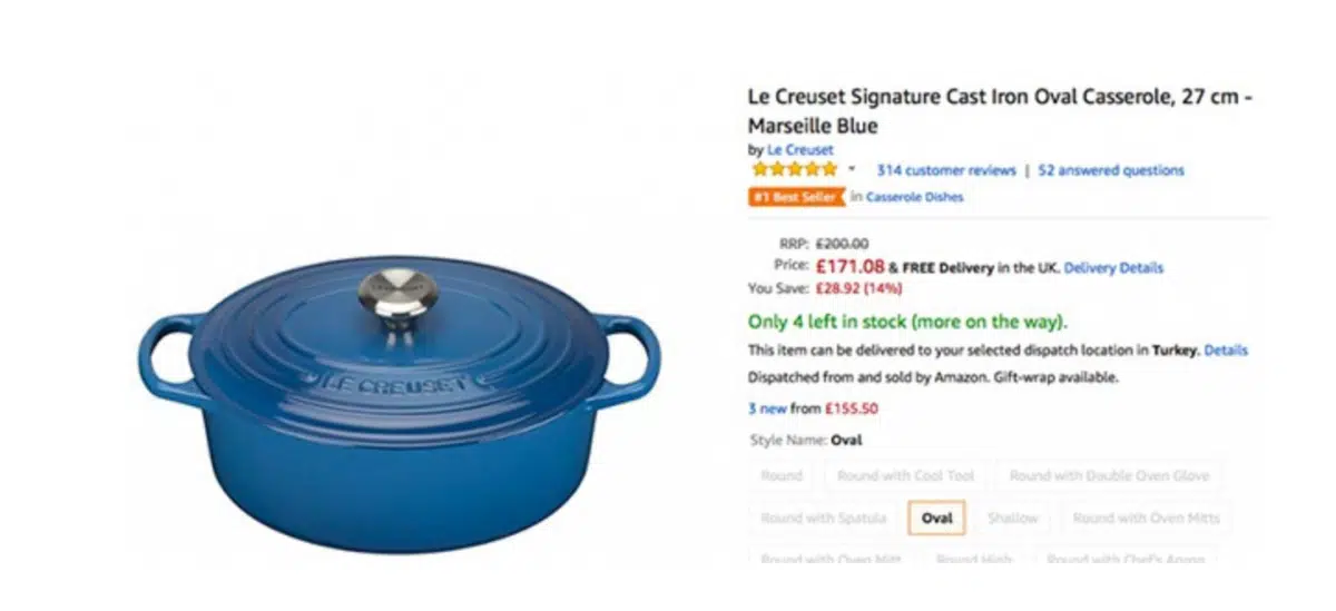 an example of competition based eCommerce pricing from Le Creuset