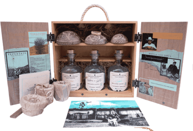 maguey melate's mezcal wood box subscription with multimedia pictures and descriptions about producers