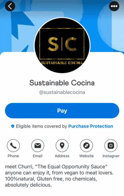 a screen capture of sustainable cocina's venmo business profile