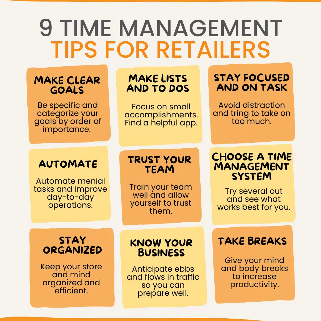 a graphic showing '9 time management tips for retailers'