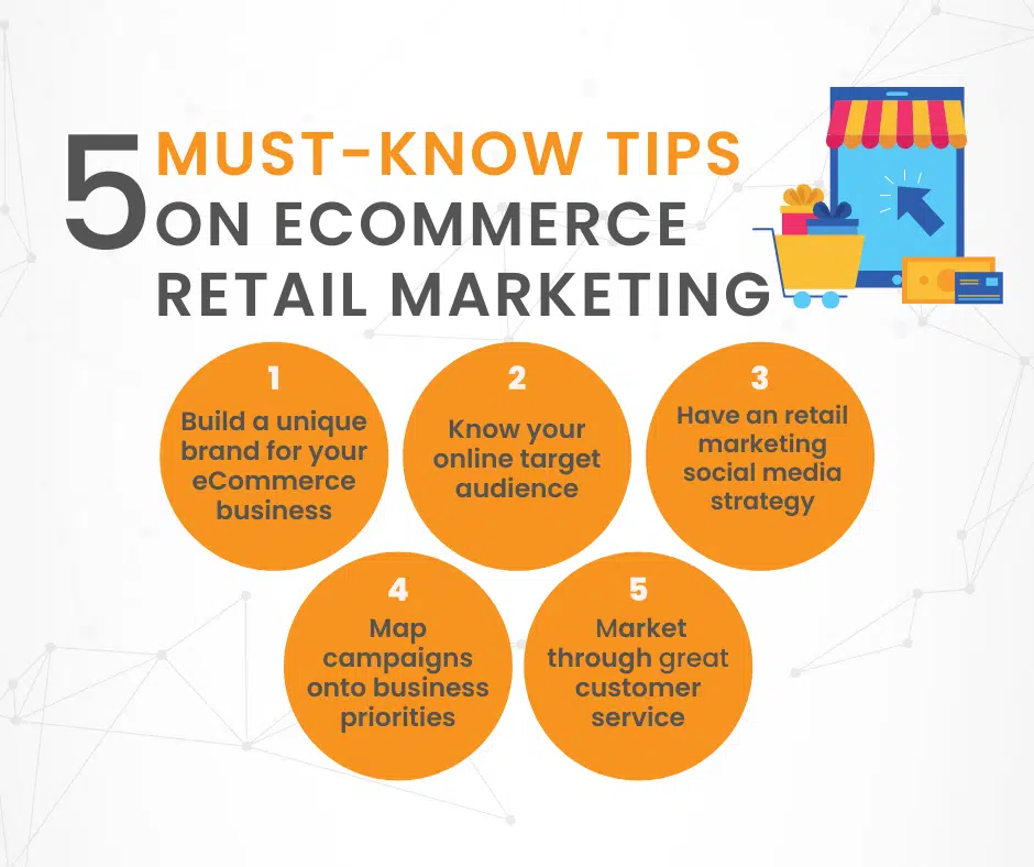 a graphic showing 5 must-know tips on ecommerce retail marketing