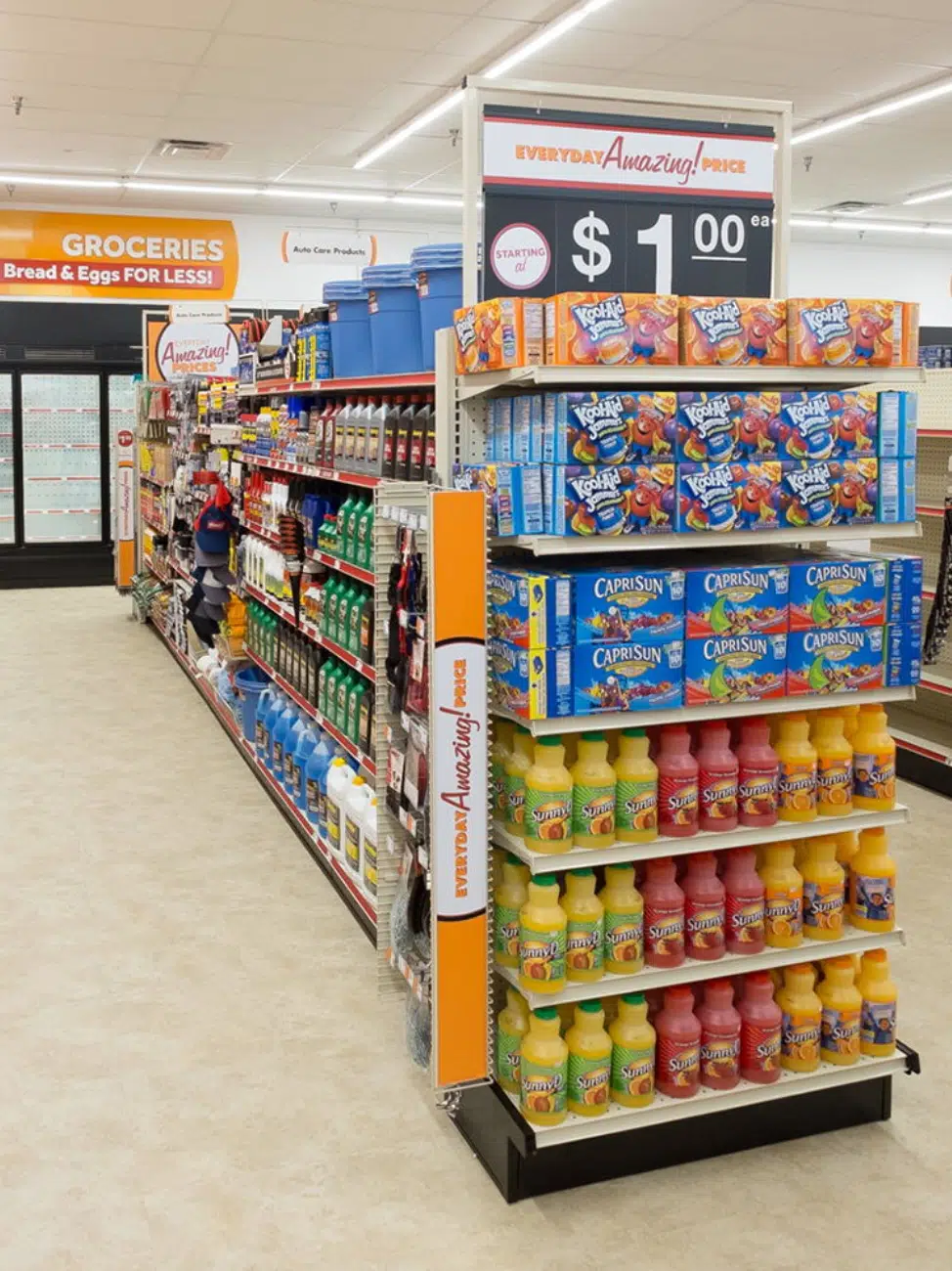a retail grocery store design that leverages endcaps with color coordinated beverages