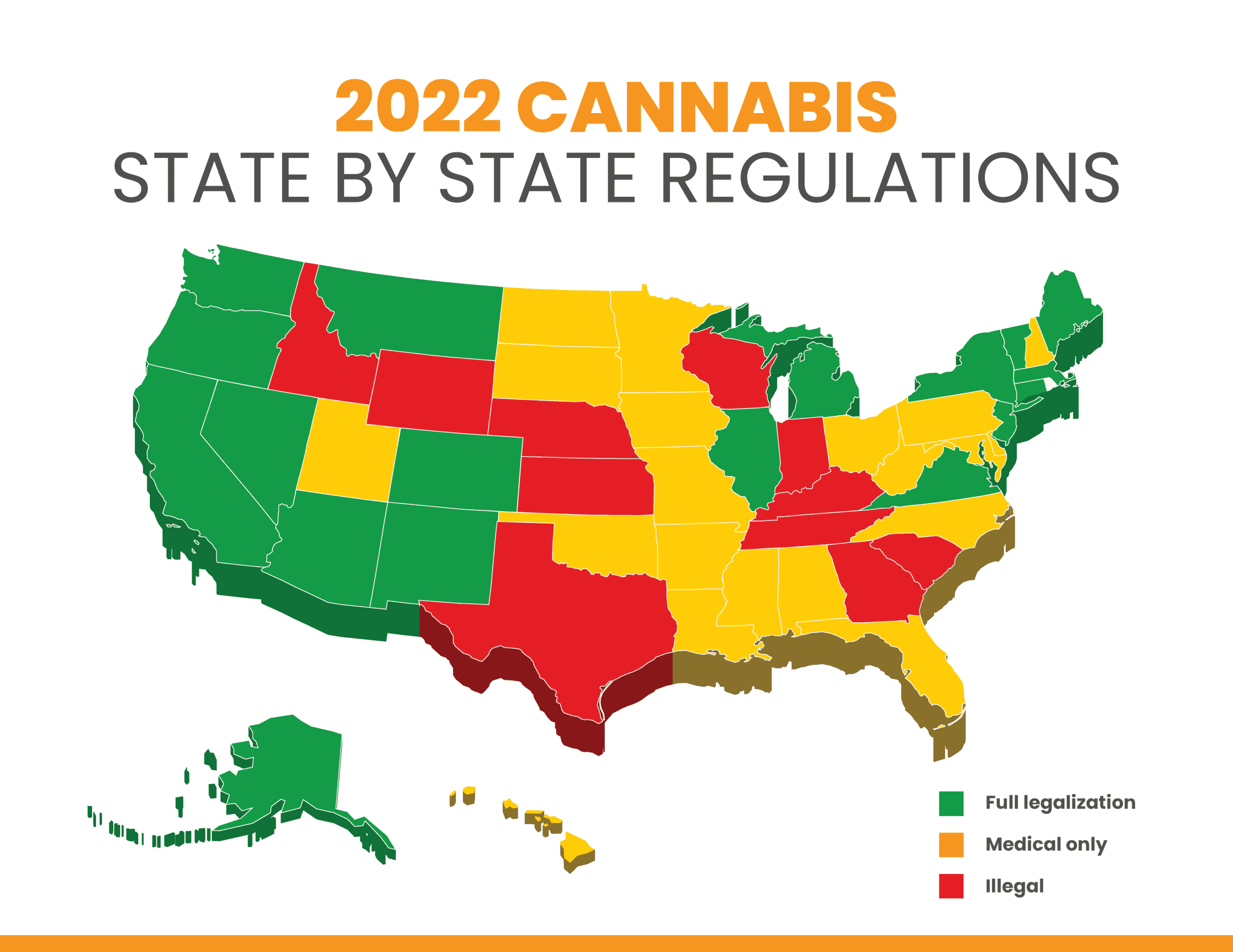 A color coded map showing the legal status of cannabis in each state for 2022